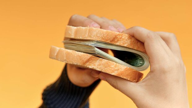 人手握钱做的三明治收入、成功和稳定概念